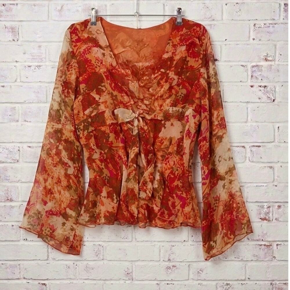 Anna and Frank Rust Silk Chiffon Tie Front Blouse XL Boho practical magic